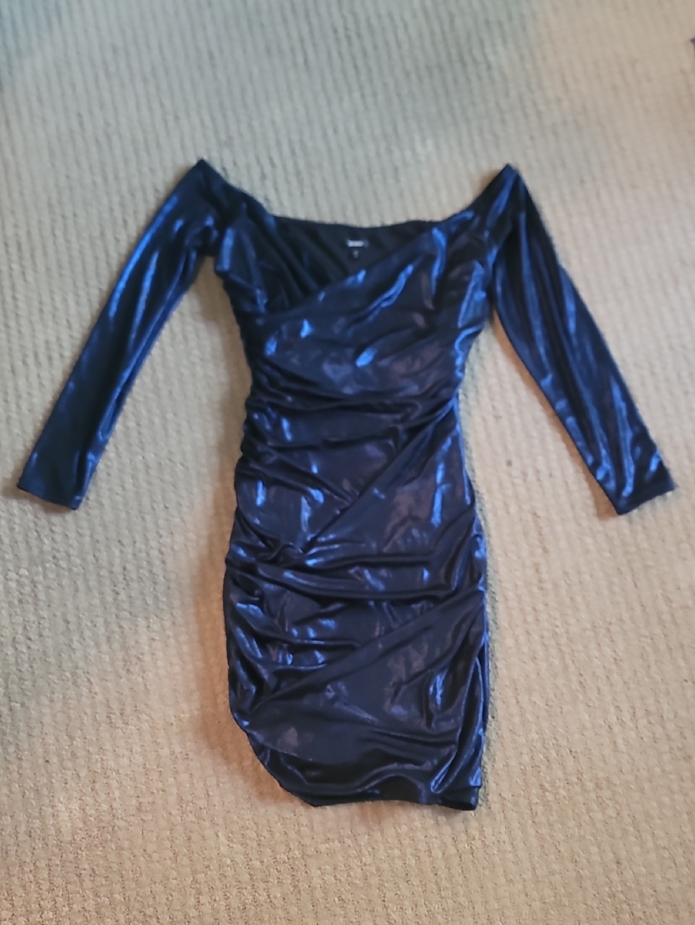 Express Off-Shoulder Metalic Blue Ruched Bodycon Dress